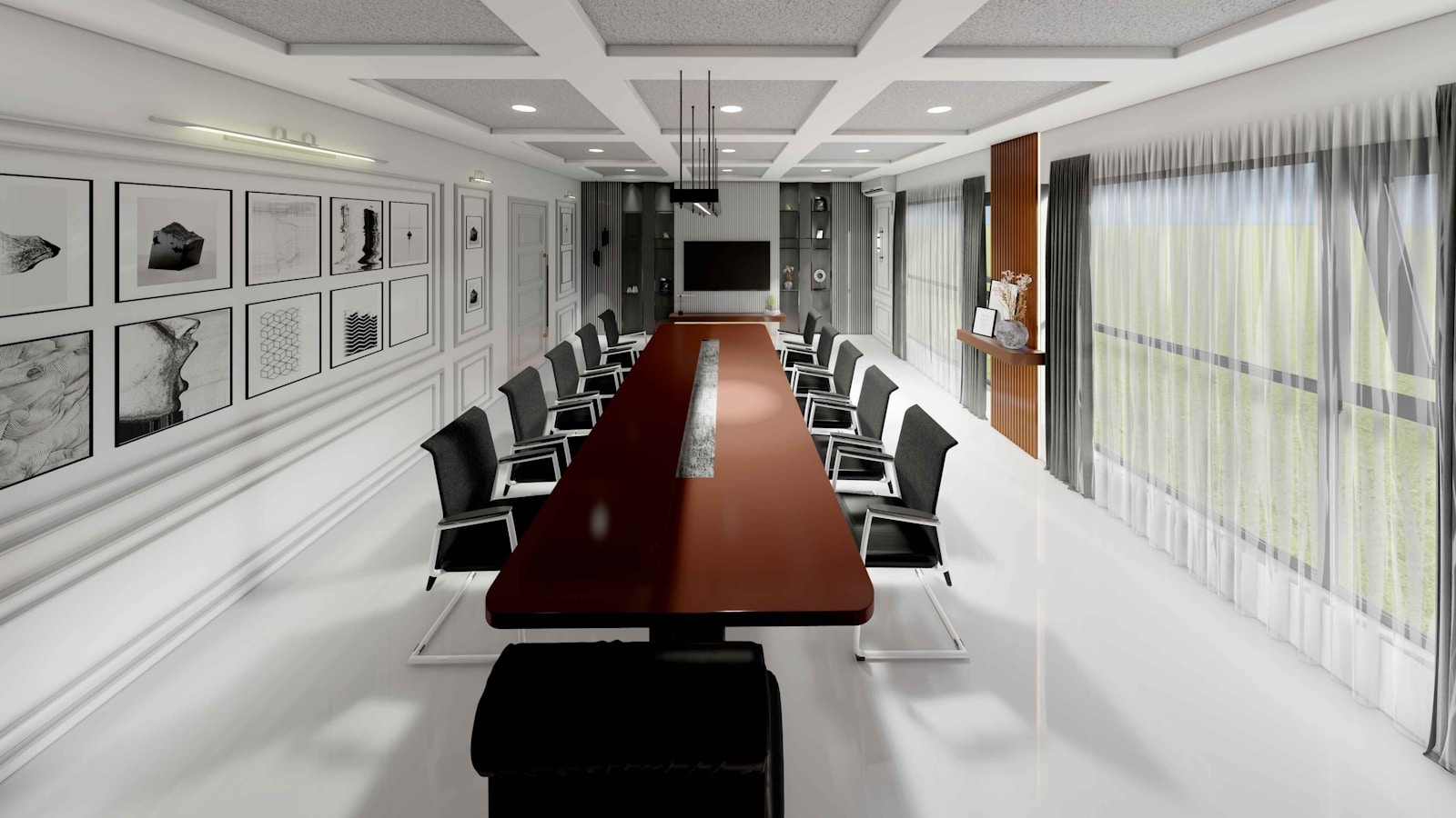Modern, minimalist boardroom with long table and chairs.